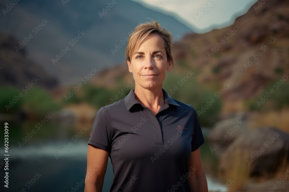 Portrait of a beautiful middle-aged woman standing in front of a lake Portrait of a beautiful middle-aged woman standing in front of a lake