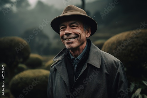 Portrait of a smiling senior man wearing hat and coat in the rain