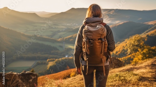 A woman hiking up a hill with a backpack, captured from behind. 