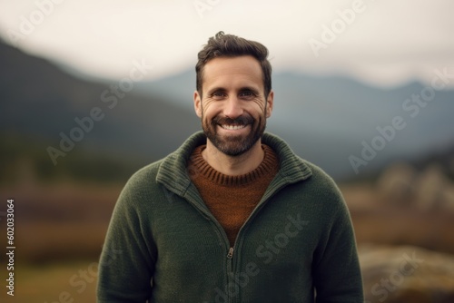 Portrait of a handsome young man in a green sweater against the background of mountains