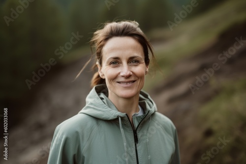 Portrait of a smiling woman in a green jacket on a mountain trail
