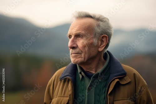 Portrait of a senior man with gray hair in the mountains.