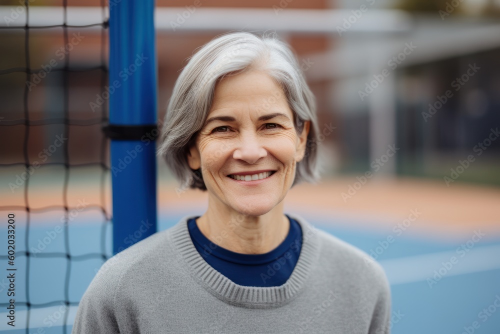 Portrait of smiling senior woman looking at camera while standing on tennis court Portrait of smiling senior woman looking at camera while standing on tennis court