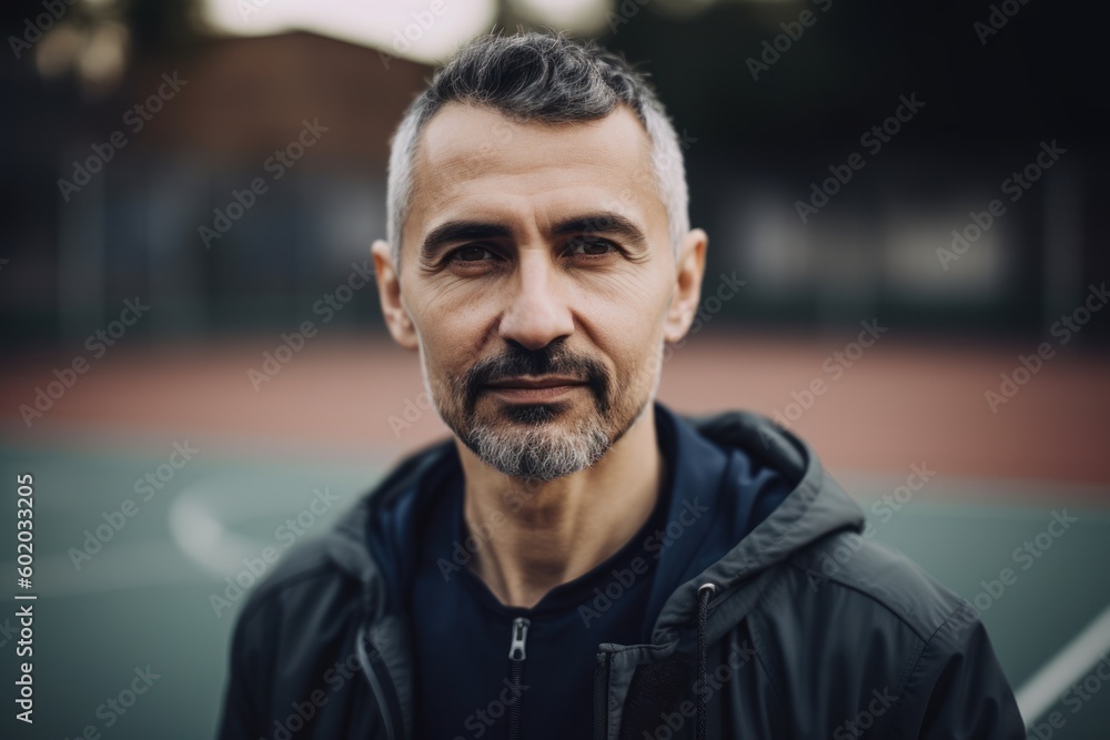 Portrait of a middle-aged man on a tennis court.