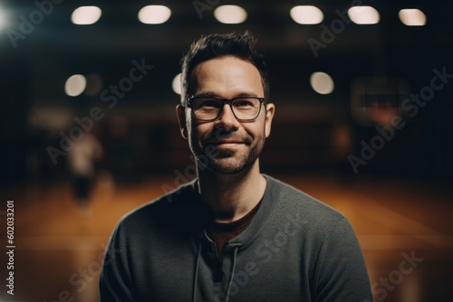 Portrait of a handsome young man with glasses in a sports hall