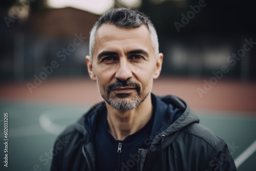 Portrait of a middle-aged man on a tennis court.