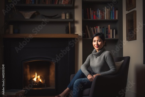 Portrait of a beautiful Asian woman sitting in front of a fireplace at home