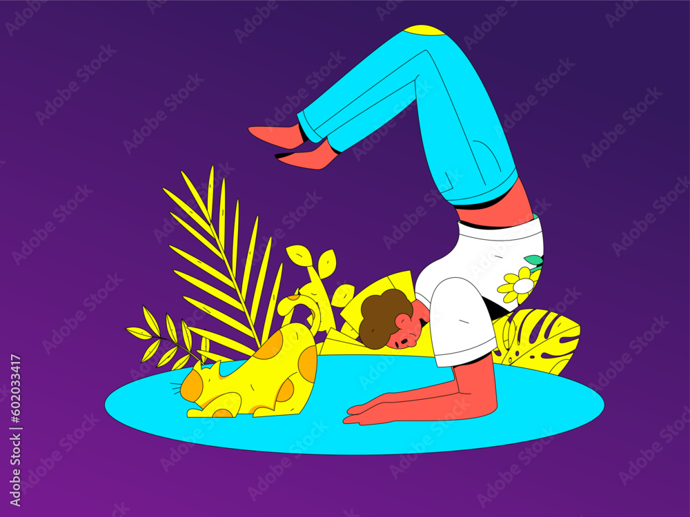 Practicing yoga for physical and mental health flat vector character concept operation hand drawn illustration
Practicing yoga for physical and mental health flat vector character concept operation hand drawn illustration