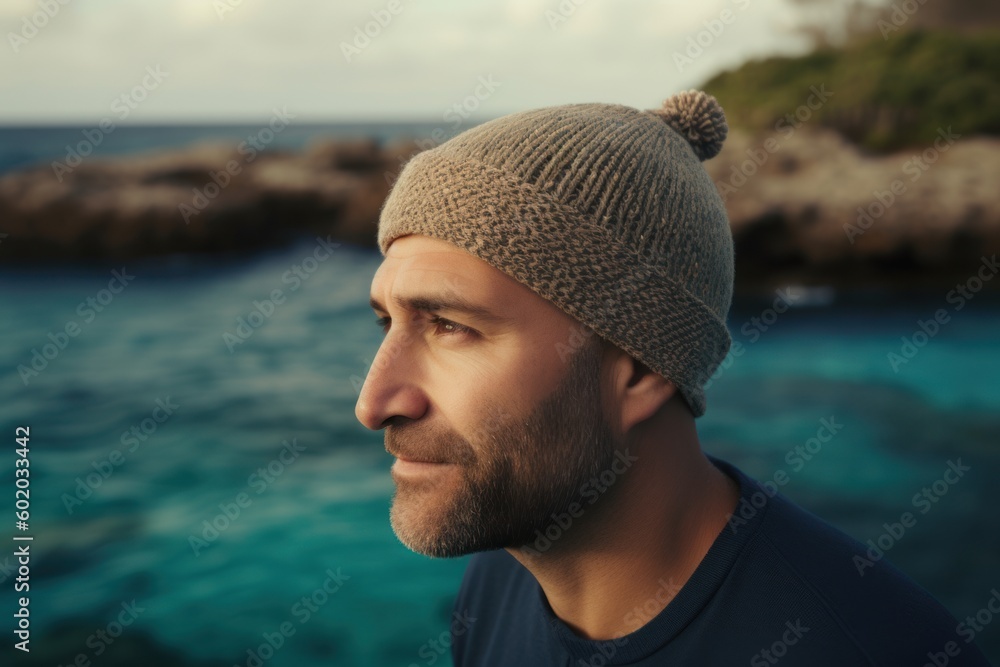 Portrait of a young man in a hat on the background of the sea Portrait of a young man in a hat on the background of the sea