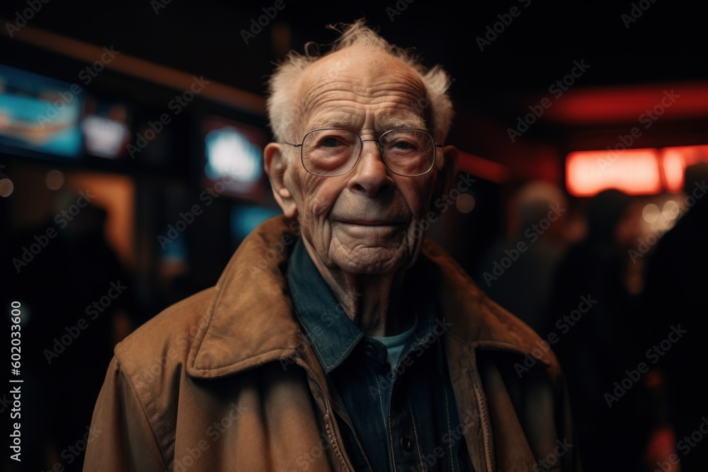 Portrait of an old man with glasses in a public place.