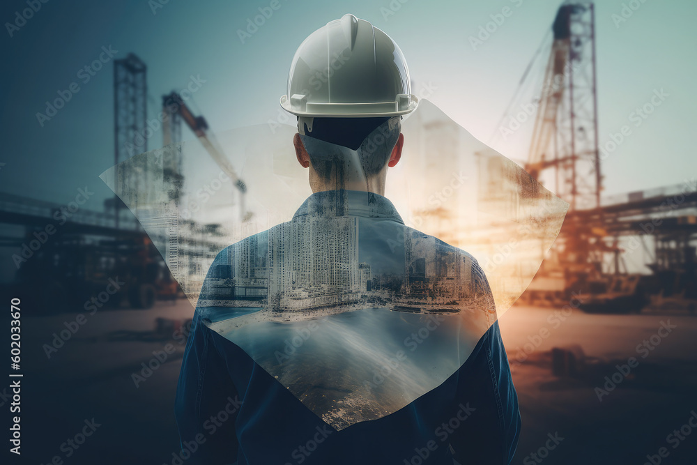 Construction engineer holding plan in double exposure Construction engineer holding plan in double exposure