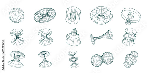 Trendy Y2K 3d dimensional polygonal models, mesh grid geometric vector objects.