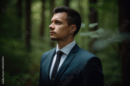 Portrait of a handsome man in a dark suit in the forest