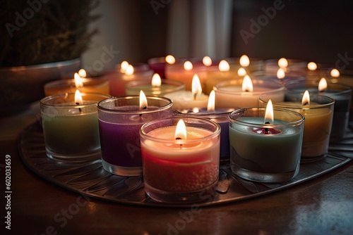 This is a photograph of a set of aromatherapy candles beautifully arranged on a circular tray