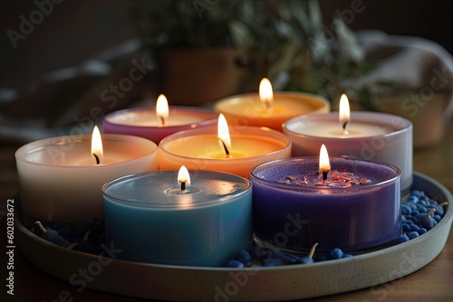 Photo of a set of aromatherapy candles arranged on a circle tray