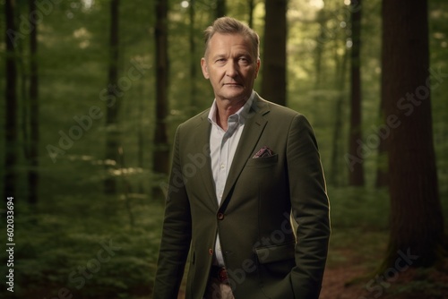 Portrait of a handsome senior man in a green suit standing in the forest. © Robert MEYNER