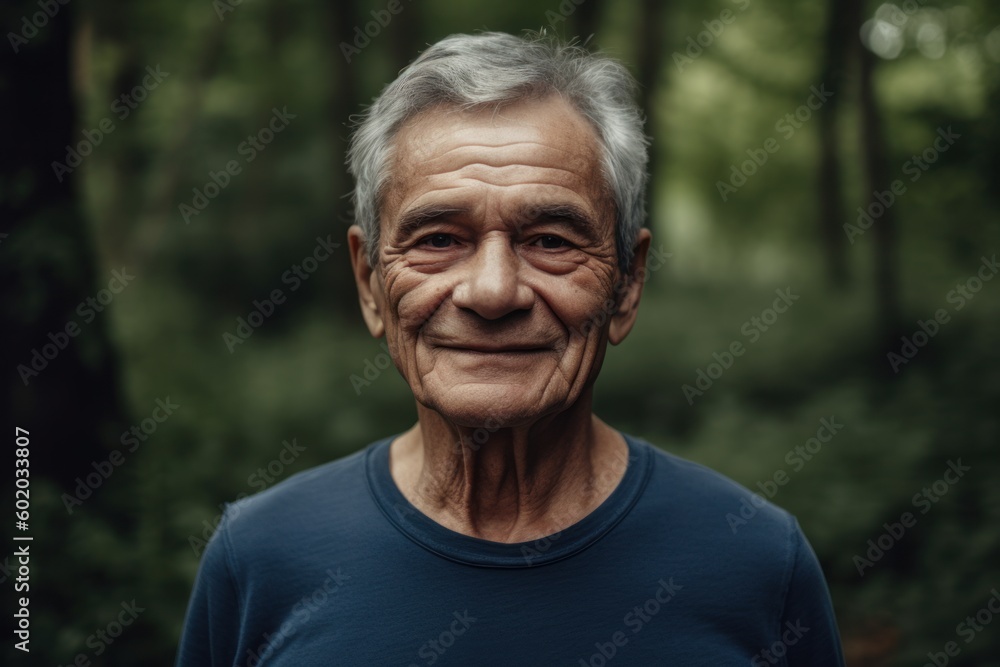 Portrait of an elderly man with a smile in the forest. Portrait of an elderly man with a smile in the forest.