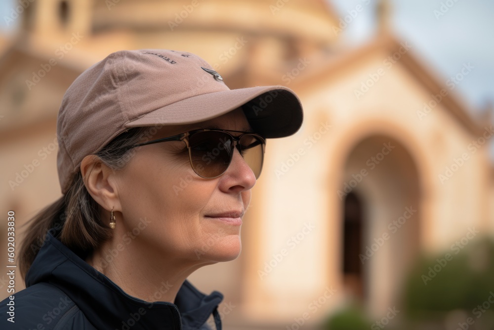 Portrait of a beautiful middle-aged woman in a cap and sunglasses.