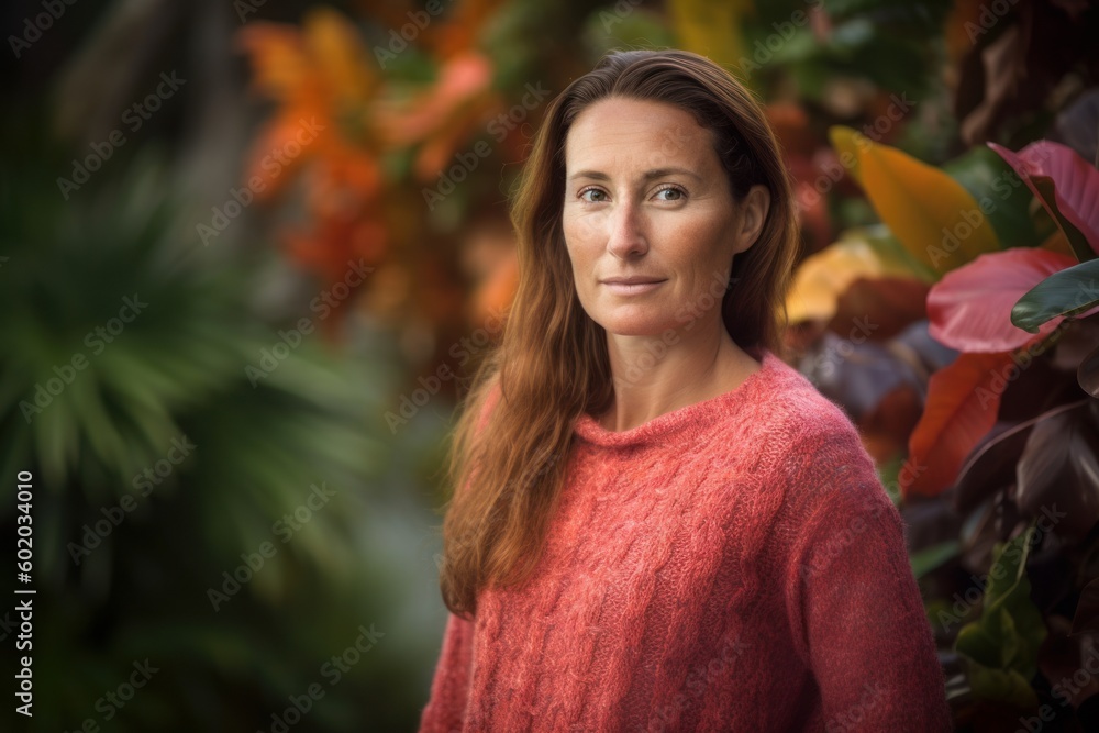 Portrait of smiling woman standing in garden at autumn day with leaves in background Portrait of smiling woman standing in garden at autumn day with leaves in background