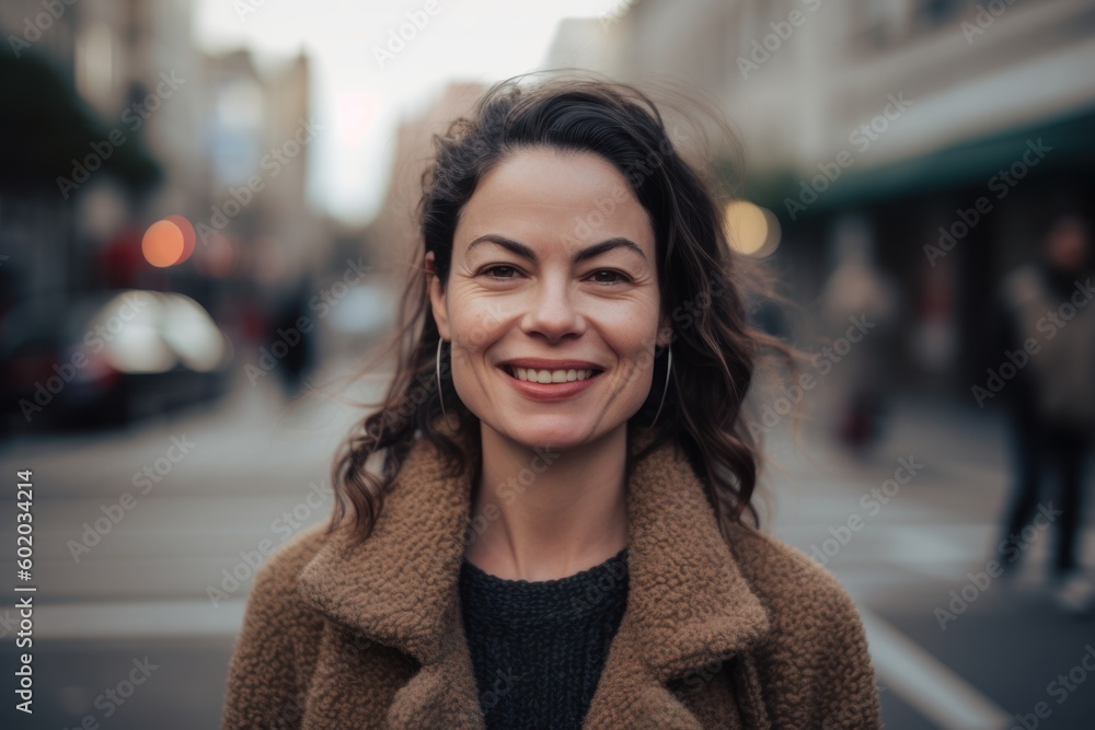 Portrait of a young beautiful brunette woman in a brown coat on the street. Portrait of a young beautiful brunette woman in a brown coat on the street.