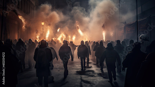 Demonstrators in the central street with protesters and flames