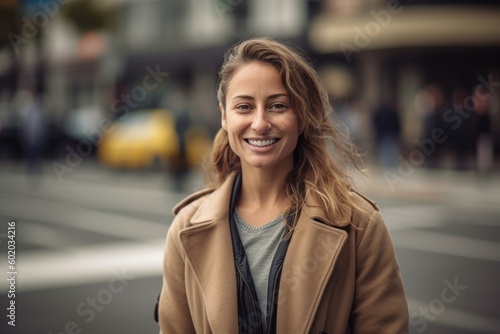 Portrait of a beautiful young woman smiling and looking at camera in the city