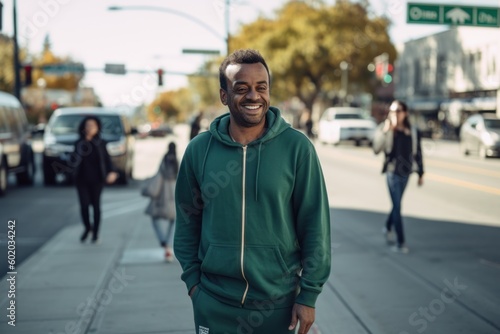 Portrait of smiling african american man in hoodie walking on city street