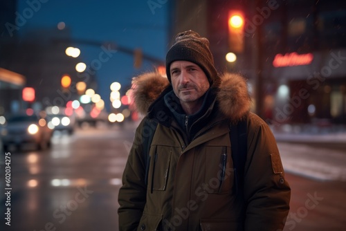 Handsome middle-aged man in warm clothes on the street at night