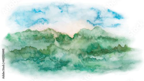 Landscape with sky, forest fields Watercolor painting. Hand drawn illustration. Vector EPS.