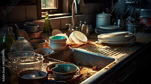 Dirty dishes and utensils in a rustic kitchen.