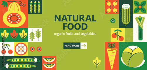 Healthy food products geometric mosaic. Organic fruits and vegetables, natural food banner template. Modern flat vector grid illustration