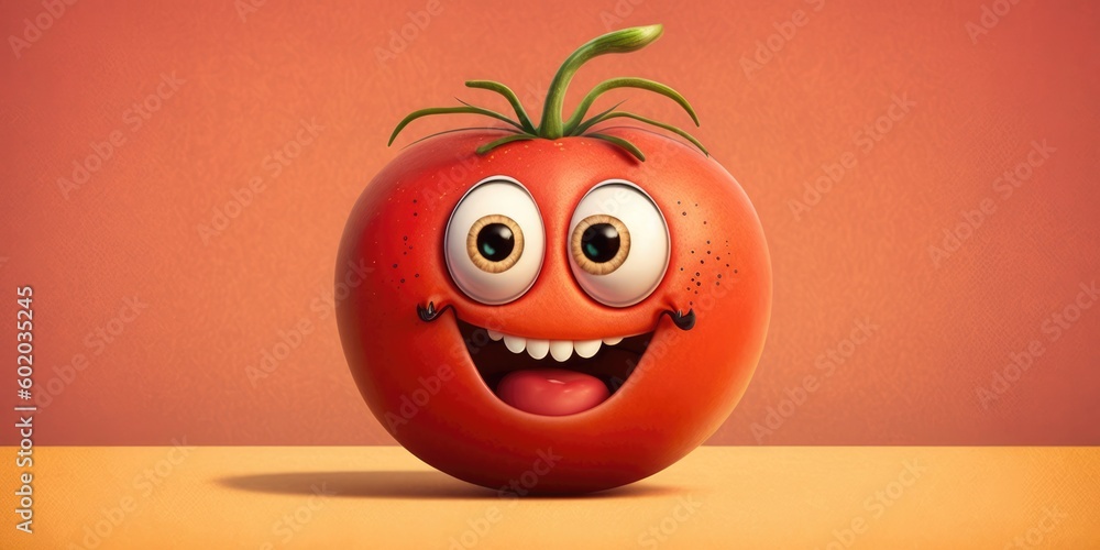 Happy smiling red tomato face cartoon character, funny cute vegetable sticker color personage icon isolated on orange background, healthy organic vegan diet food. AI generative.