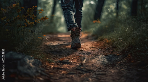 Hiking trail in the forest. Man walking in the forest.