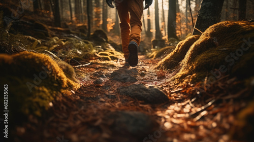 Hiking in the autumn forest. Man hiking in the autumn forest