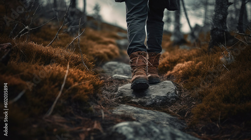 A man in hiking boots on a trail in the forest. Hiking concept