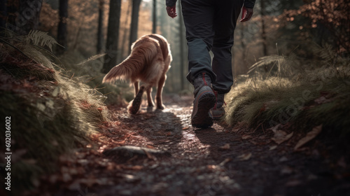 Man walking with his dog in the autumn forest. Selective focus.