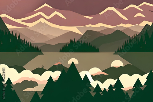 pattern inspired by natural landscapes, featuring elements such as mountains, forests, and rivers