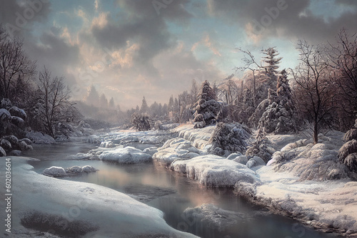A serene and breathtaking winter scene depicting a frozen river and forest, showcasing the stillness and tranquility of the winter landscape, generative ai