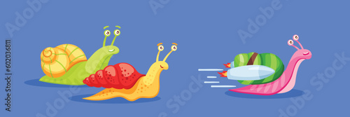 Cartoon snail race leader. Slow moving snails back turbo rocket fast accelerated happy snail. Advantage concept vector illustration