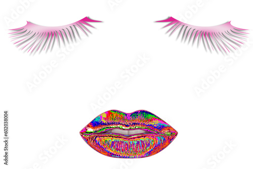 Women's lips and eyelashes. Sensual and seductive female lips with dark red lipstick and long black eyelashes on a white background. Cosmetics and beauty concept	