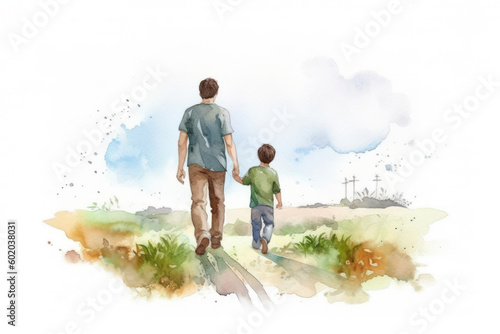 Happy father' day  flat design father and son walk and hold hand watercolor style. Generative ai.
