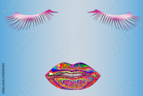 Women's lips and eyelashes. Sensual and seductive female lips with dark red lipstick and long black eyelashes on a blue background. Cosmetics and beauty concept	