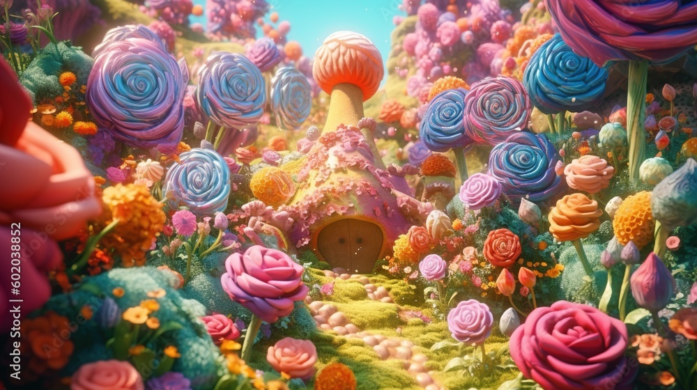 A surreal garden with flowers made of candy. Fantasy concept , Illustration painting. Generative AI