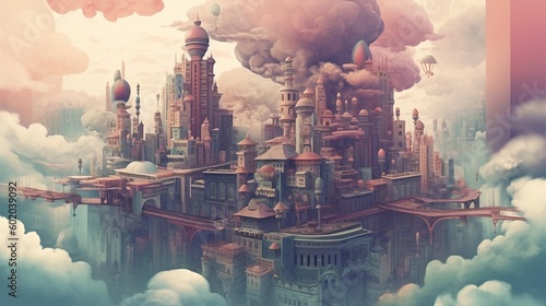 A surreal landscape of a city floating in the clouds. Fantasy concept   Illustration painting. Generative AI