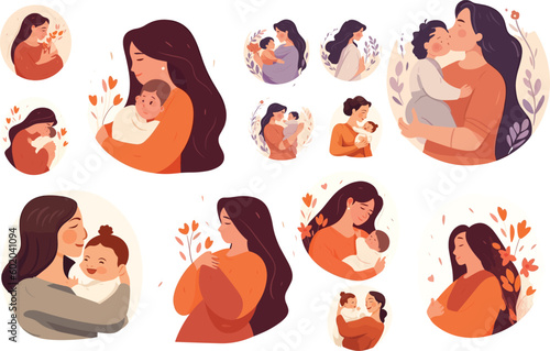 Mother's day. Beautiful woman holds a baby love illustration vector set , motherhood baby care