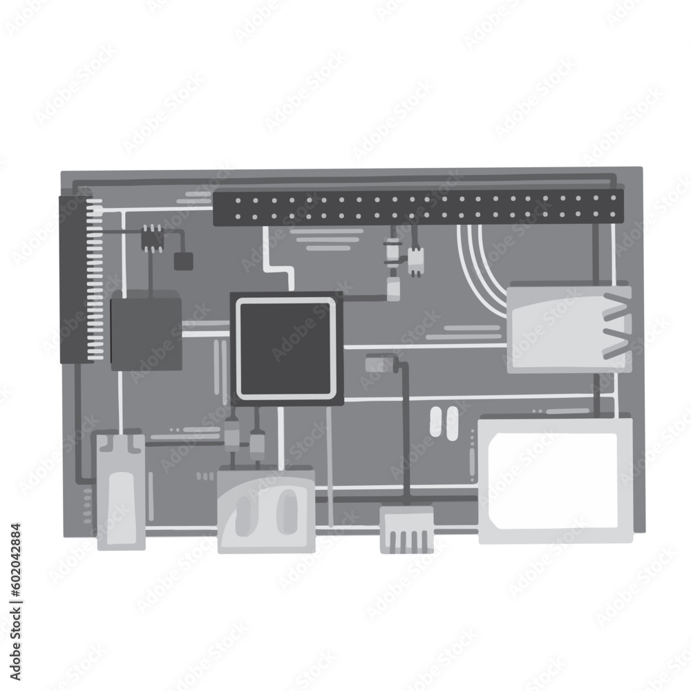 Grayscale circuit foundation board vector illustration isolated on square white background. Monochrome shades of gray simple and flat styled drawing. Grayscale circuit foundation board vector illustration isolated on square white background. Monochrome shades of gray simple and flat styled drawing.