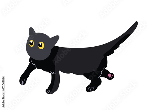 Cute walking black cat with yellow eyes vector illustration isolated on horizontal white background. Simple and flat art styled drawing. Kawaii pet or animal illustration.