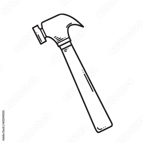 Hammer black and white outline vector icon illustration isolated on square template. Monochrome simple and flat art styled drawing. Home repairment themed outlined illustration.