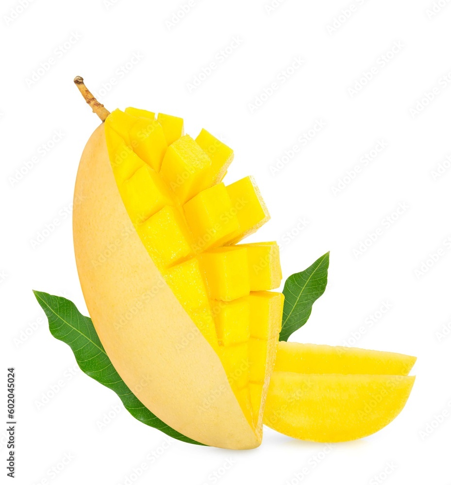 Ripe Mango with green leaf isolated on white background. Clipping path. Ripe Mango with green leaf isolated on white background. Clipping path.