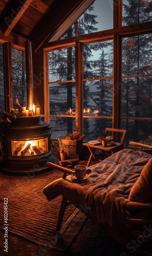 Cozy cabin house  fireplace relax